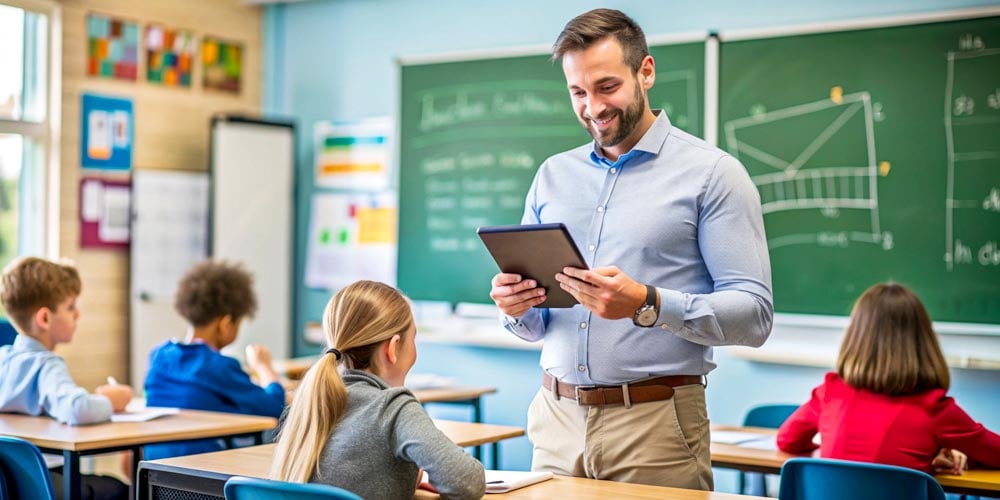 Ein Lehrer steht in der Klasse und schaut auf ein Tablett-PC. (KI-generierte Darstellung)
